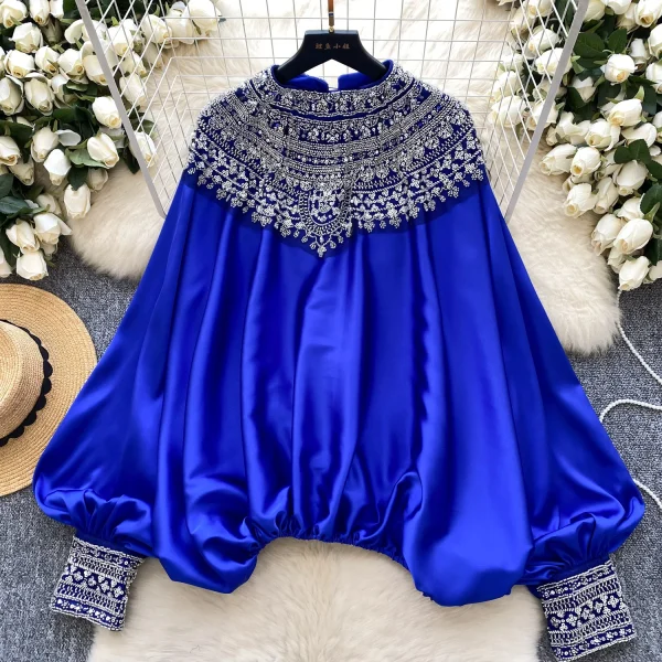 LW0826 Blouse Woman High-End Foreign Style Heavy Industry Nailed Bead Glitter Loose Slimming Satin Top Woman Blouses For Lady - Image 5