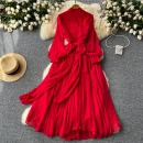 LE2579 Women Boutique Pleated Elegant Party Dresses Female Diamond-Embedded Lantern Long Sleeve Chiffon Evening Gown Women Dress