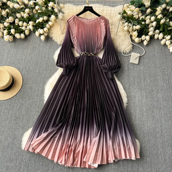 LE2585 Vintage Gradient Printed Dresses 2025 Autumn Lantern Long Sleeve Pleated Dress Women Boutique Belted Midi Party Dresses - Image 4
