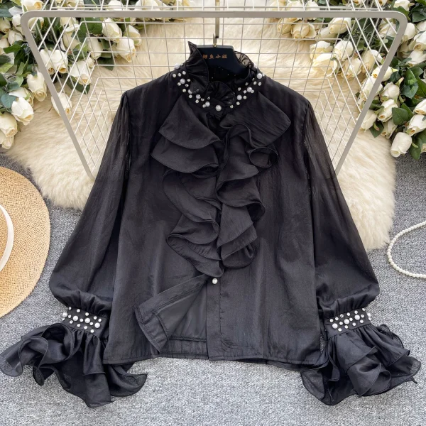 LW0830 Light Luxury Collar Shirt Women'S Autumn Ruffled Edge Diamond Loose Temperament Tops For Women Casual - Image 3