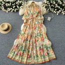 LE2635 Ethnic Chiffon Maxi Printed Dress Ladies Court Style Stand Collar Long Sleeve Long Gown Boutique Holiday Dress for Women