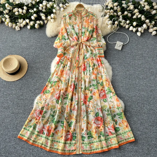 LE2635 Ethnic Chiffon Maxi Printed Dress Ladies Court Style Stand Collar Long Sleeve Long Gown Boutique Holiday Dress for Women