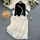 LE2085 Wear a Set of Women Sweet Wooden Ear Edge Color Shirt With High-Waisted Chiffon Skirt French Two-Piece Set