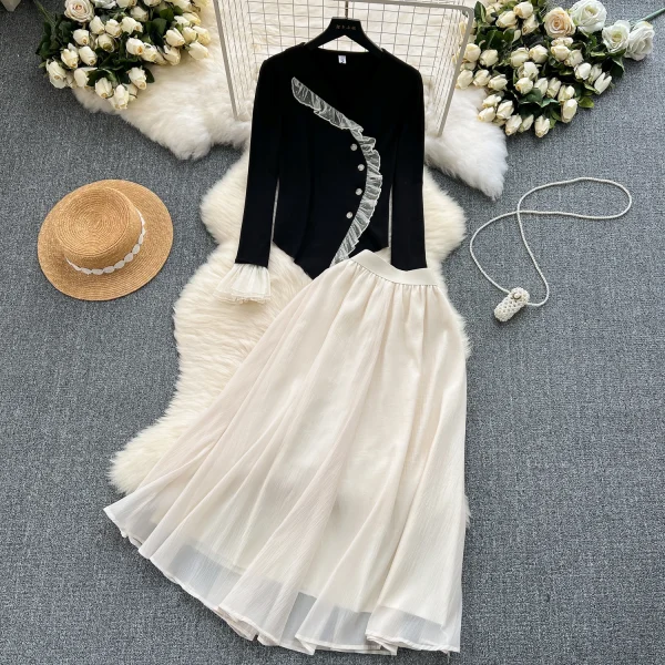 LE2085 Wear a Set of Women Sweet Wooden Ear Edge Color Shirt With High-Waisted Chiffon Skirt French Two-Piece Set - Image 4