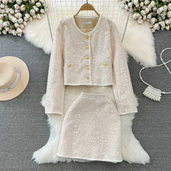 Heavy Handmade Sequins Womens Elegant Slim Tweed Two Piece Sets Vintage Coats+Wrap-Around Skirt Korean Woolen Chaquetas Chic Set - Image 2