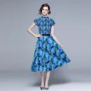 LE1242 in Stock High Quality Fabric Women'S Sets Printed Short Sleeve Pleated Shirt Printed Long Pleated Skirt 2 Piece Set