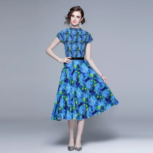 LE1242 in Stock High Quality Fabric Women'S Sets Printed Short Sleeve Pleated Shirt Printed Long Pleated Skirt 2 Piece Set - Image 4