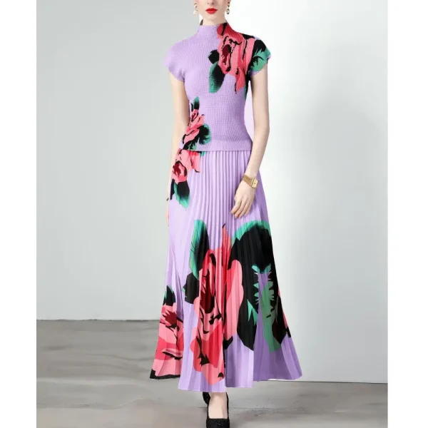 LE1277 in Stock High-Quality Floral Print Pleated Skirt Short Sleeve Shirt Printed Pleated Skirt Boutique Women'S 2-Piece Set - Image 6