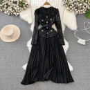 LE2606 Autumn Korean Lace Pleated Dresses Woman Temperament Long Sleeve Square Collar Pockets Embroidery Pleated Socialite Dress