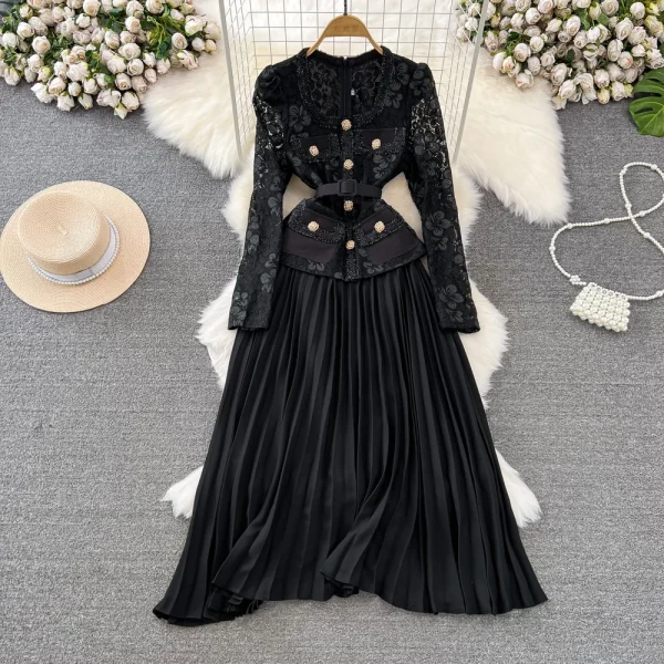 LE2606 Autumn Korean Lace Pleated Dresses Woman Temperament Long Sleeve Square Collar Pockets Embroidery Pleated Socialite Dress - Image 6