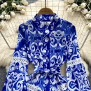 LE2578 Blue and White Print Mini Elegant Dresses Female Stand Collar Pearl Single Breasted Lace Women'S Boutique A-Line Dresses