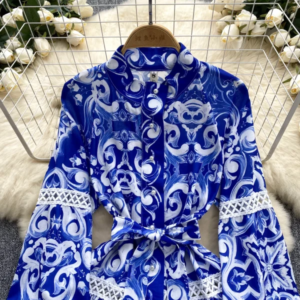 LE2578 Blue and White Print Mini Elegant Dresses Female Stand Collar Pearl Single Breasted Lace Women'S Boutique A-Line Dresses - Image 4