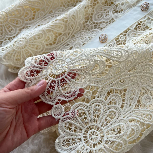 LE2623 Autumn Heavy Industry Nail Beaded Diamond Square Neck Lace Dresses Women Hollow Hook Flower Embroidery Midi Dress 2025 - Image 5