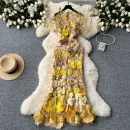 LE2621 Vintage Three-Dimensional Flower Decoration Maxi Lace Dresses Elegant Women'S Boutique Embroidery Long Fishtail Dress