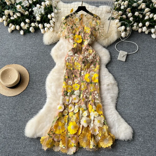 LE2621 Vintage Three-Dimensional Flower Decoration Maxi Lace Dresses Elegant Women'S Boutique Embroidery Long Fishtail Dress - Image 5