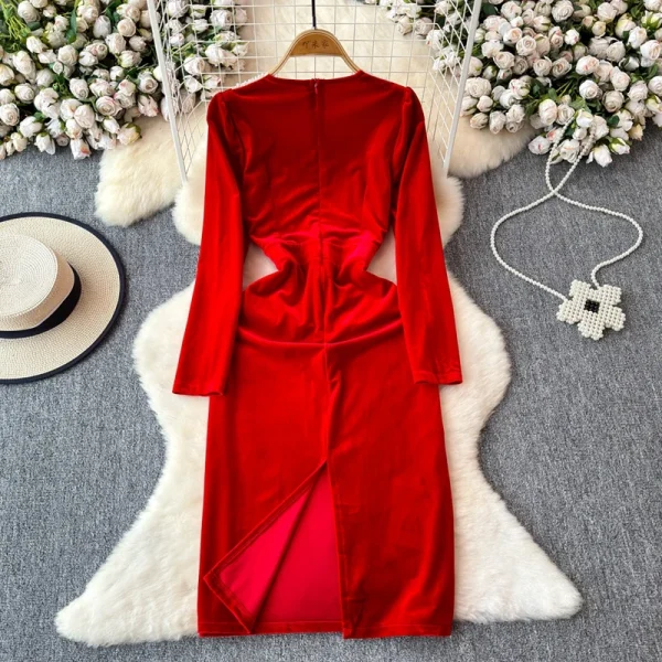 LE2662 Autumn Beading Evening Dresses Woman Femininity Chic Long Sleeve V-Neck Slit Bag Hip Canary Long Dress Female Winter 2025 - Image 2