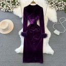 LE2661 Autumn Socialite Midi Evening Dresses Woman Femininity Dinner Dress Velvet Pleated Slit Cover Hip Canary Dresses Female