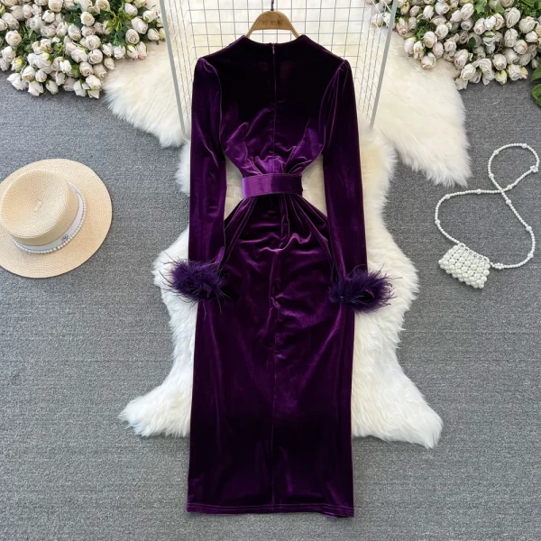 LE2661 Autumn Socialite Midi Evening Dresses Woman Femininity Dinner Dress Velvet Pleated Slit Cover Hip Canary Dresses Female - Image 2