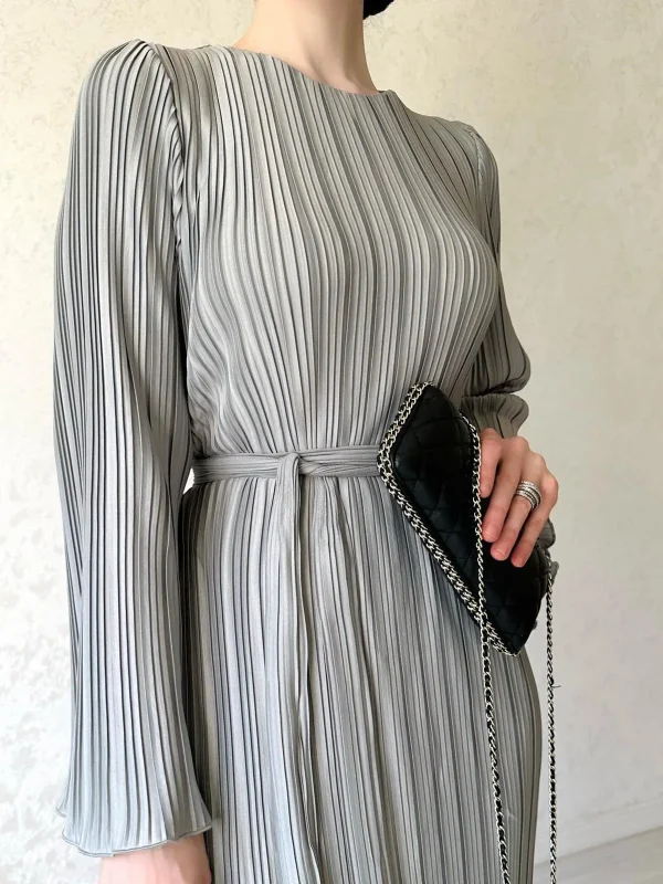 LE2587 Women'S Boutique Fold Casual Dresses Autumn Flared Long Sleeve Pleated Maxi Dresses Women Socialite Party Evening Gown - Image 3