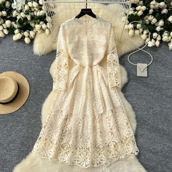 LE4770 High-End Women'S Dress 2025 Autumn Fashion Heavy Industry Hollow Hook Lace Waist Slimming Big French Skirt