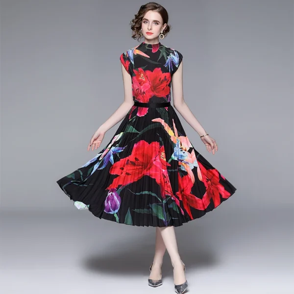 LE1278 Latest Miyake Pleated Casual Style Sets Floral Print Pleated T-Shirt and Printed Pleated Skirt Boutique Two Piece Sets - Image 2