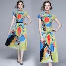 LE1245 in Stock Pleated Casual Suit Feminine Show Thin T-Shirt Skirt 2 Piece Set Printed Long Miyake Pleated Skirt