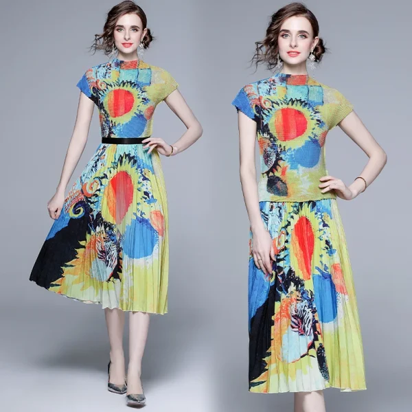 LE1245 in Stock Pleated Casual Suit Feminine Show Thin T-Shirt Skirt 2 Piece Set Printed Long Miyake Pleated Skirt - Image 5