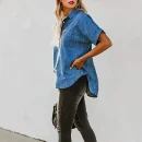 Summer Casual Loose Fashion Denim Tops Long Sleeve Lapel Simple Pocket Blouse Women Denim Shirt