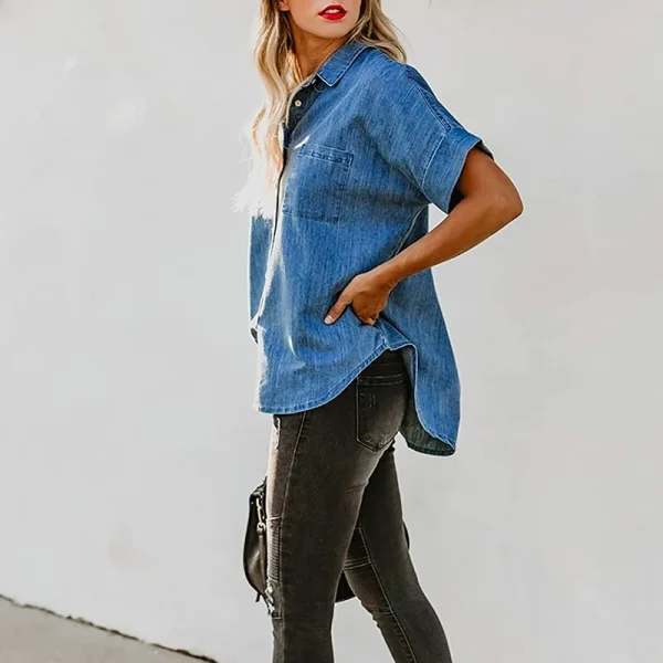 Summer Casual Loose Fashion Denim Tops Long Sleeve Lapel Simple Pocket Blouse Women Denim Shirt - Image 4