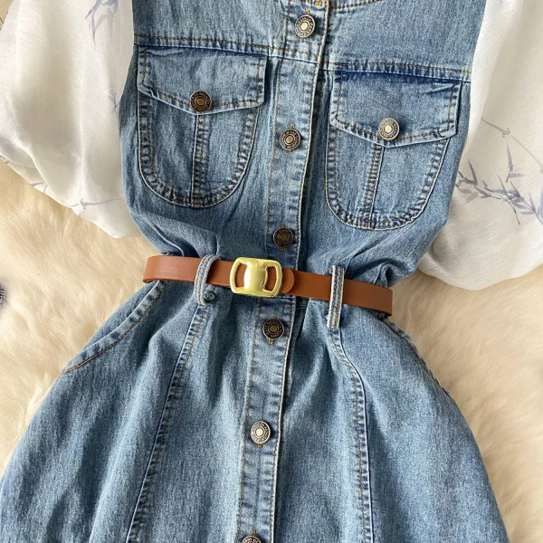 LE2646 Ladies Boutique Dresseses Women Direct Square Collar Short Sleeve Denim Splicing Denim Midi Dress Lady - Image 5