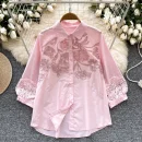 LW0747 2025 New High-Grade Hollow Hook Embroidery Lace Lantern Sleeve Slim Chic Shirts for Women Tops