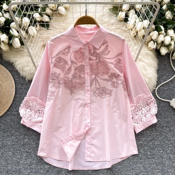 LW0747 2025 New High-Grade Hollow Hook Embroidery Lace Lantern Sleeve Slim Chic Shirts for Women Tops - Image 2