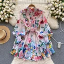 LE2643 Retro Romantic Mini Printed Dresses Woman Atmosphere Sense Floral Dress Female Lantern Sleeve Super fairy Short Dresses
