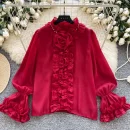 LW0829 Light Luxury Senior Sense Trumpet Sleeve Shirt Women'S Wooden Ear Edge Gauze Diamond Design Blouses 2025