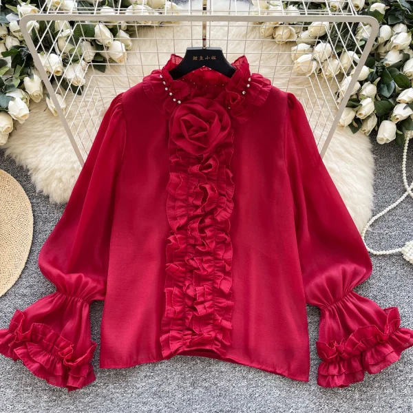 LW0829 Light Luxury Senior Sense Trumpet Sleeve Shirt Women'S Wooden Ear Edge Gauze Diamond Design Blouses 2025 - Image 2