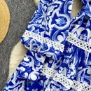 LE2578 Blue and White Print Mini Elegant Dresses Female Stand Collar Pearl Single Breasted Lace Women'S Boutique A-Line Dresses