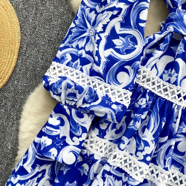 LE2578 Blue and White Print Mini Elegant Dresses Female Stand Collar Pearl Single Breasted Lace Women'S Boutique A-Line Dresses - Image 6