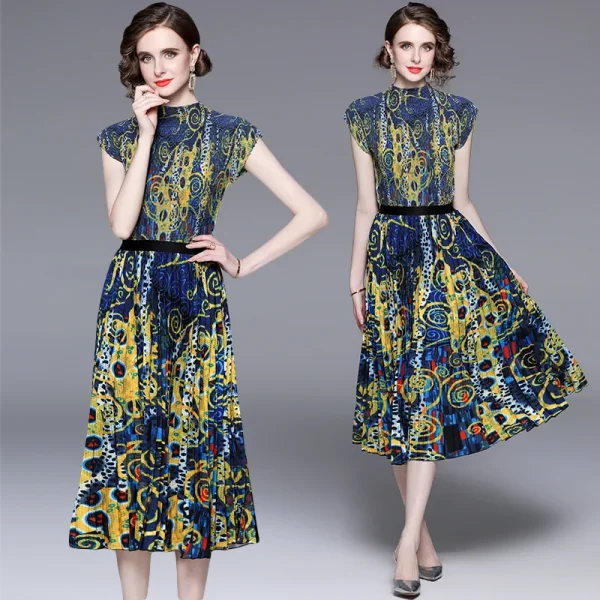 LE1359 Miyake Pleated Skirt 2025 New Stand Collar High Stretch Print Top Pleated Skirt Boutique 2 Piece Set Loose Large Size - Image 5