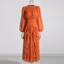 LE2641 2025 Autumn Chiffon Pleated Maxi Dress Woman Lotus Leaf Lace Splicing High Waist Fairy Skirt Elegant Evening Dresses