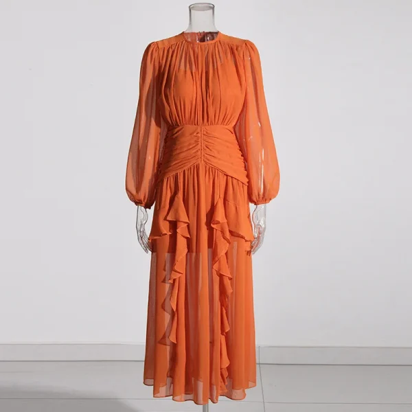 LE2641 2025 Autumn Chiffon Pleated Maxi Dress Woman Lotus Leaf Lace Splicing High Waist Fairy Skirt Elegant Evening Dresses - Image 2