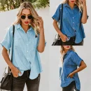 Summer Casual Loose Fashion Denim Tops Long Sleeve Lapel Simple Pocket Blouse Women Denim Shirt