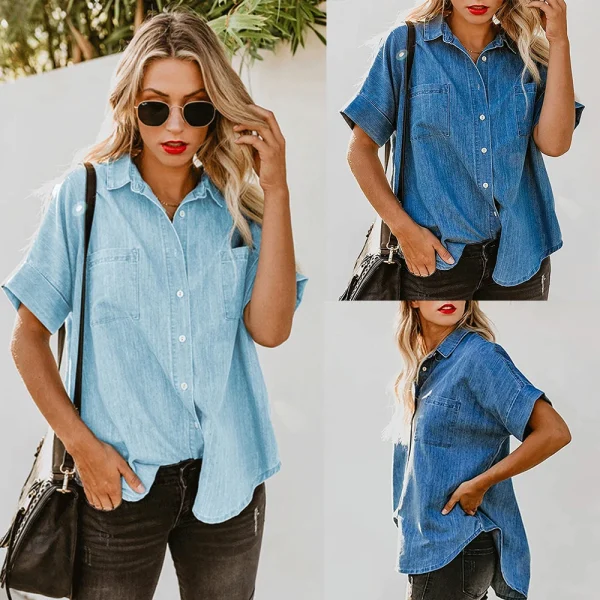 Summer Casual Loose Fashion Denim Tops Long Sleeve Lapel Simple Pocket Blouse Women Denim Shirt - Image 2