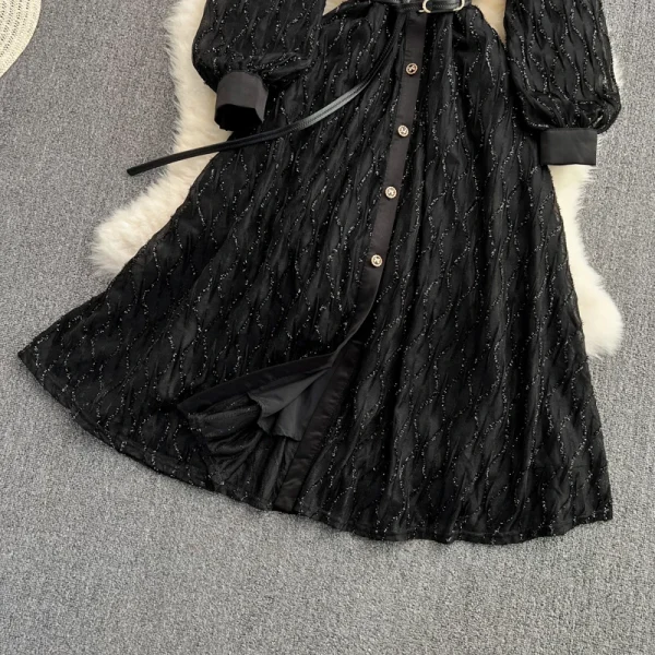 LE4776 Spring and Autumn Long Sleeve Maxi Dress Lapel Single Breasted Lace Dress Elegant Temperament Long Skirt - Image 3
