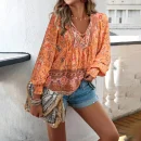 Casual  Women's Printed Shirt Temperament V-neck Long Sleeved Top