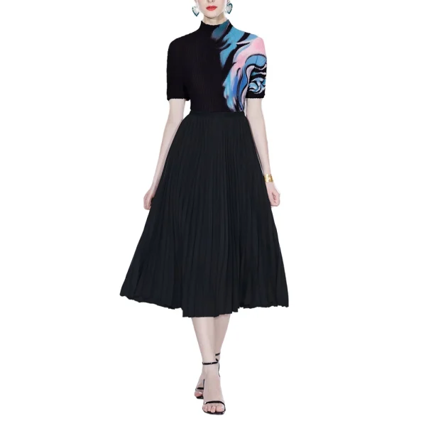 LE1256 Print Miyake  Pleated Short-sleeved T-shirt Loose Elastic Long Skirt 2 Piece Set High Quality Fabric Women's Sets - Image 3