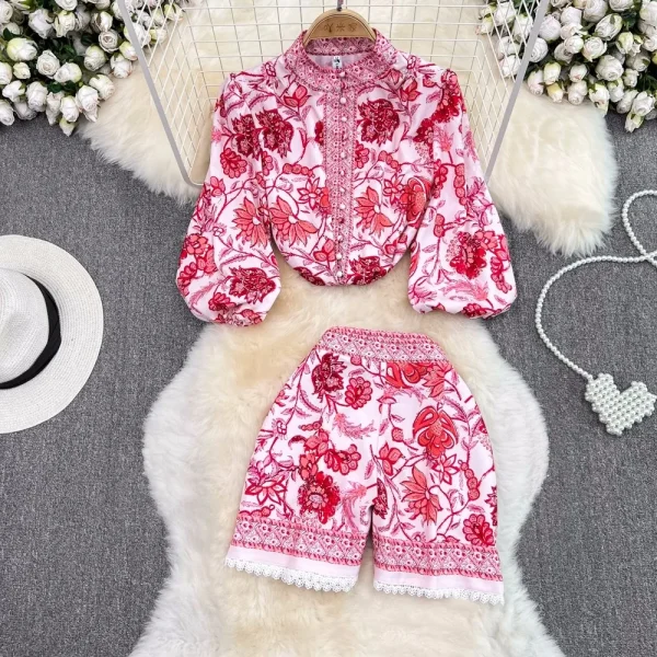 Accept Women'S Suit Retro Lantern Long-Sleeved Stand-Up Collar Single-Breasted Printed Shirt 2-Piece Set High-Waisted Sh