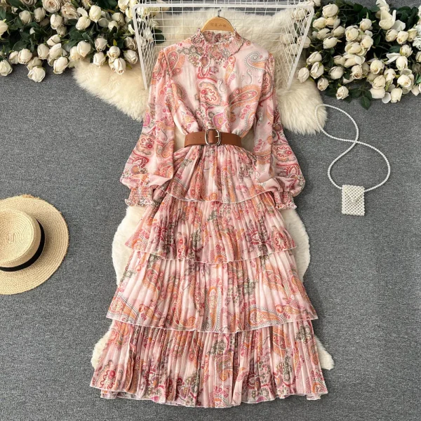 LE2582 2025 Pastoral Style Elasticity Stand Collar Floral Dress Long Sleeve Ruffled Print Cake Dress Women Boutique Midi Dresses - Image 4