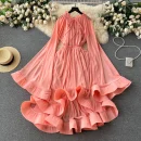 LE2638 Cape-Style Women'S Gown Luxury Retro High Fashion V-Neck Lace-Up Trumpet Sleeves Peplum Temperament Long Casual Dresses