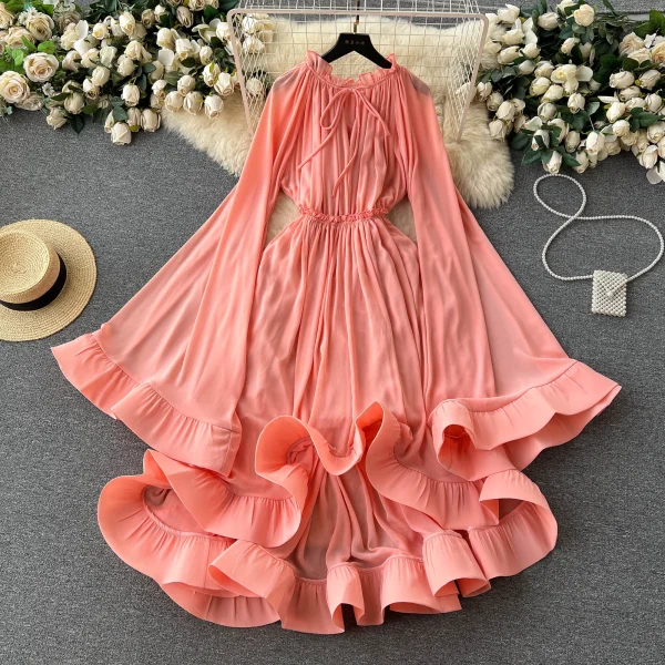LE2638 Cape-Style Women'S Gown Luxury Retro High Fashion V-Neck Lace-Up Trumpet Sleeves Peplum Temperament Long Casual Dresses - Image 3