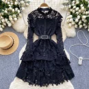 LE2644 Elegant Lace Midi Evening Dress Lady Autumn Retro Heavy Industry Hollow Lace Embroidery O-Neck Socialite Short Dress
